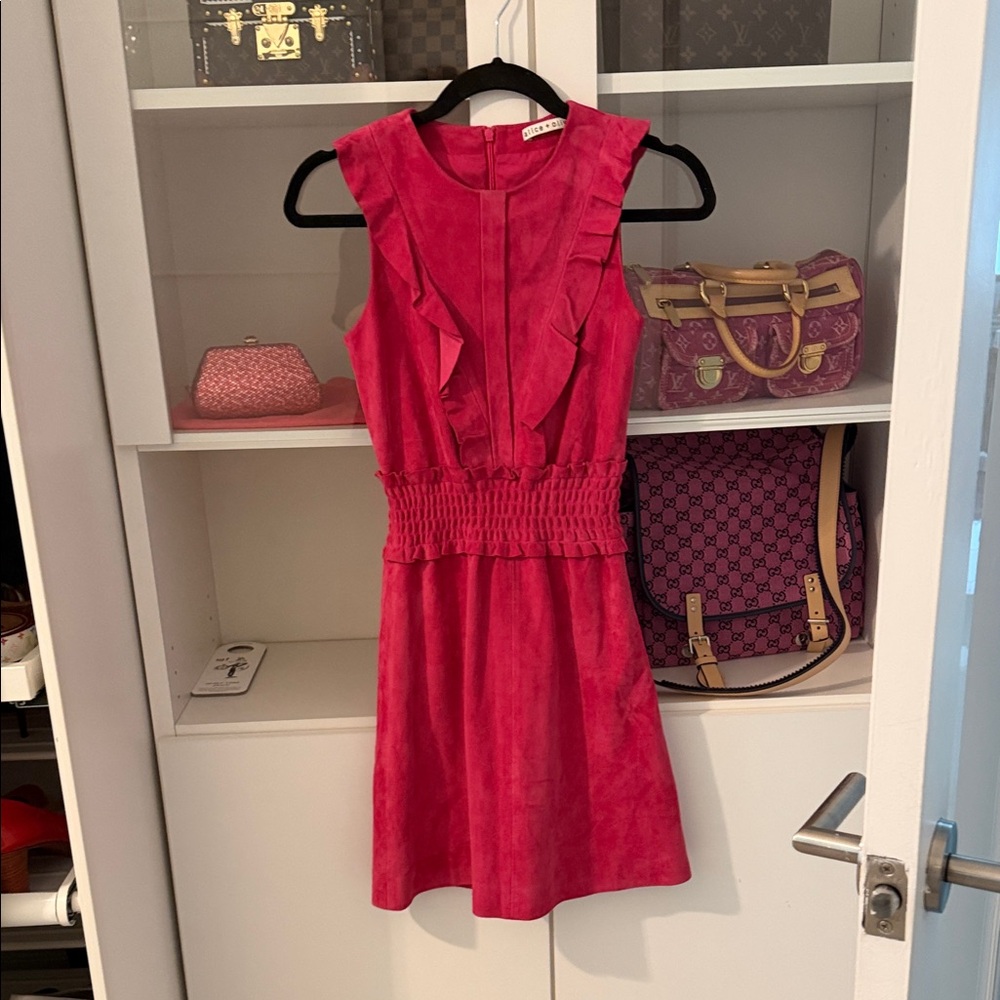 Alice + Olivia Fuchsia Ruffle-Smock Leather Mini Dress size XS